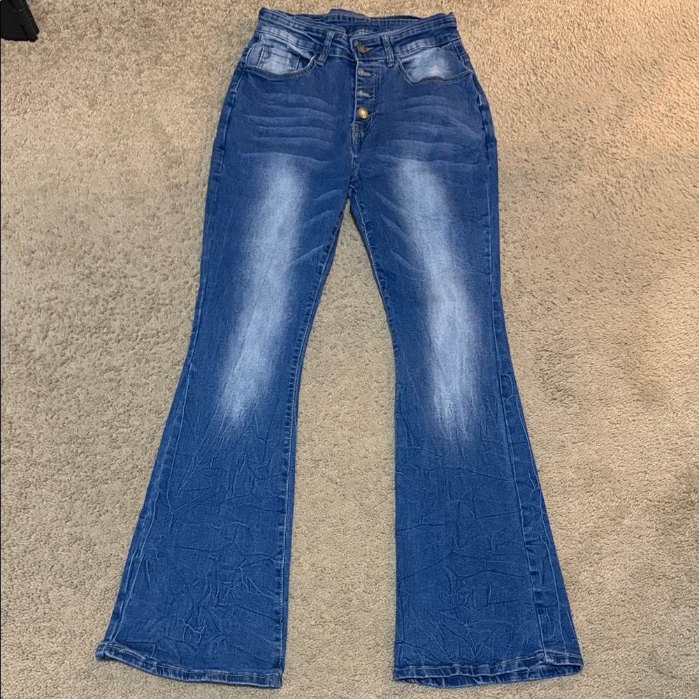 Classic Blue Flared Women Jeans with Button Fly
